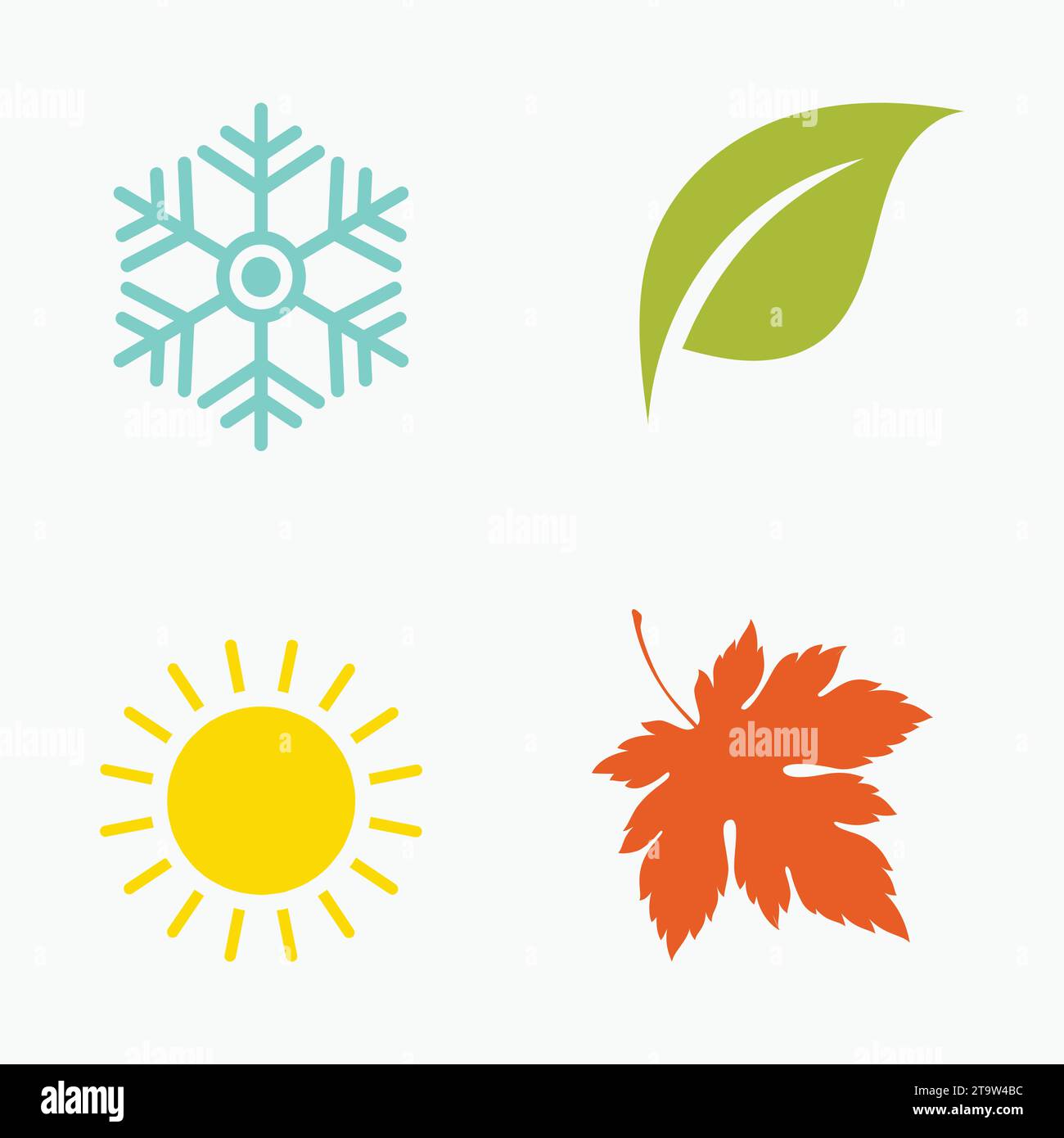 Quattro stagioni icone, segni, simboli. Inverno, primavera, estate, autunno. Fiocco di neve, foglie, sole, foglie autunnali. Line art Illustrazione Vettoriale