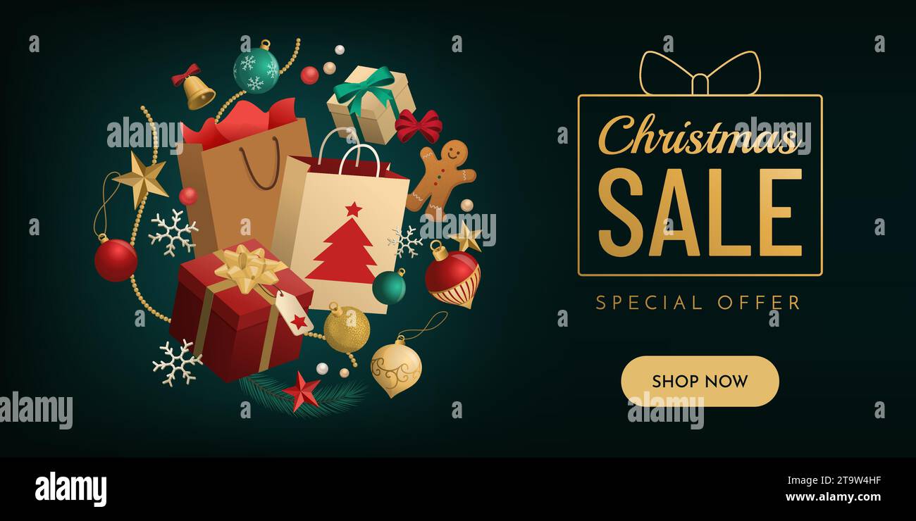 Banner promozionale per saldi natalizi con regali e borse della spesa, spazio per la copia Illustrazione Vettoriale
