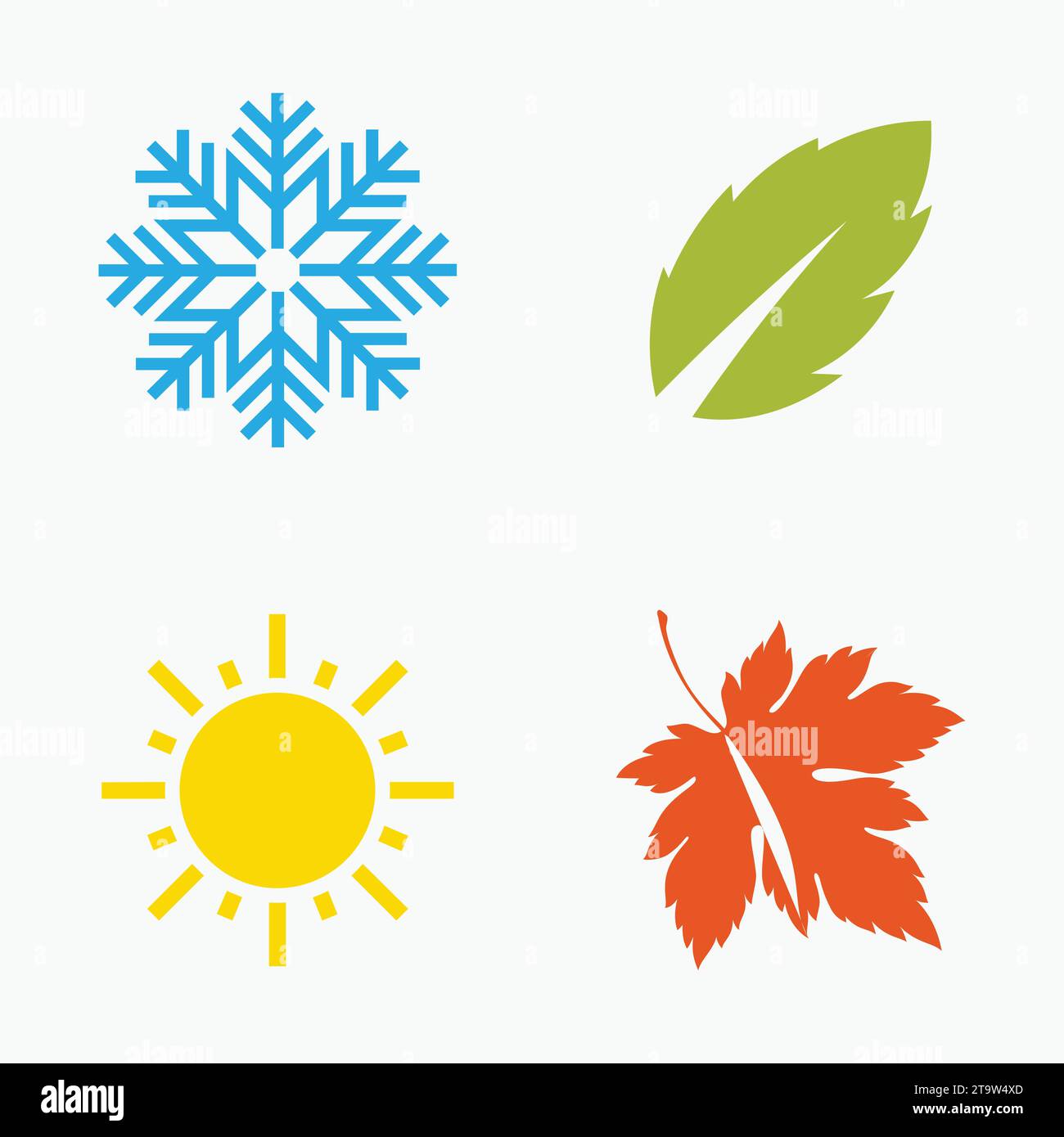 Quattro stagioni icone, segni, simboli. Inverno, primavera, estate, autunno. Fiocco di neve, foglie, sole, foglie autunnali. Line art Illustrazione Vettoriale