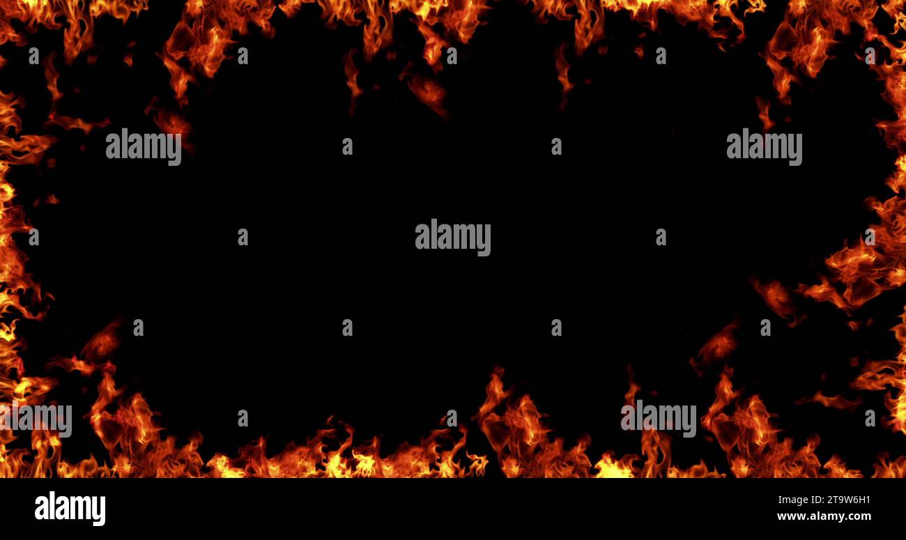 cornice di fiamme da fuoco reali che bruciano il movimento su sfondo nero Foto Stock