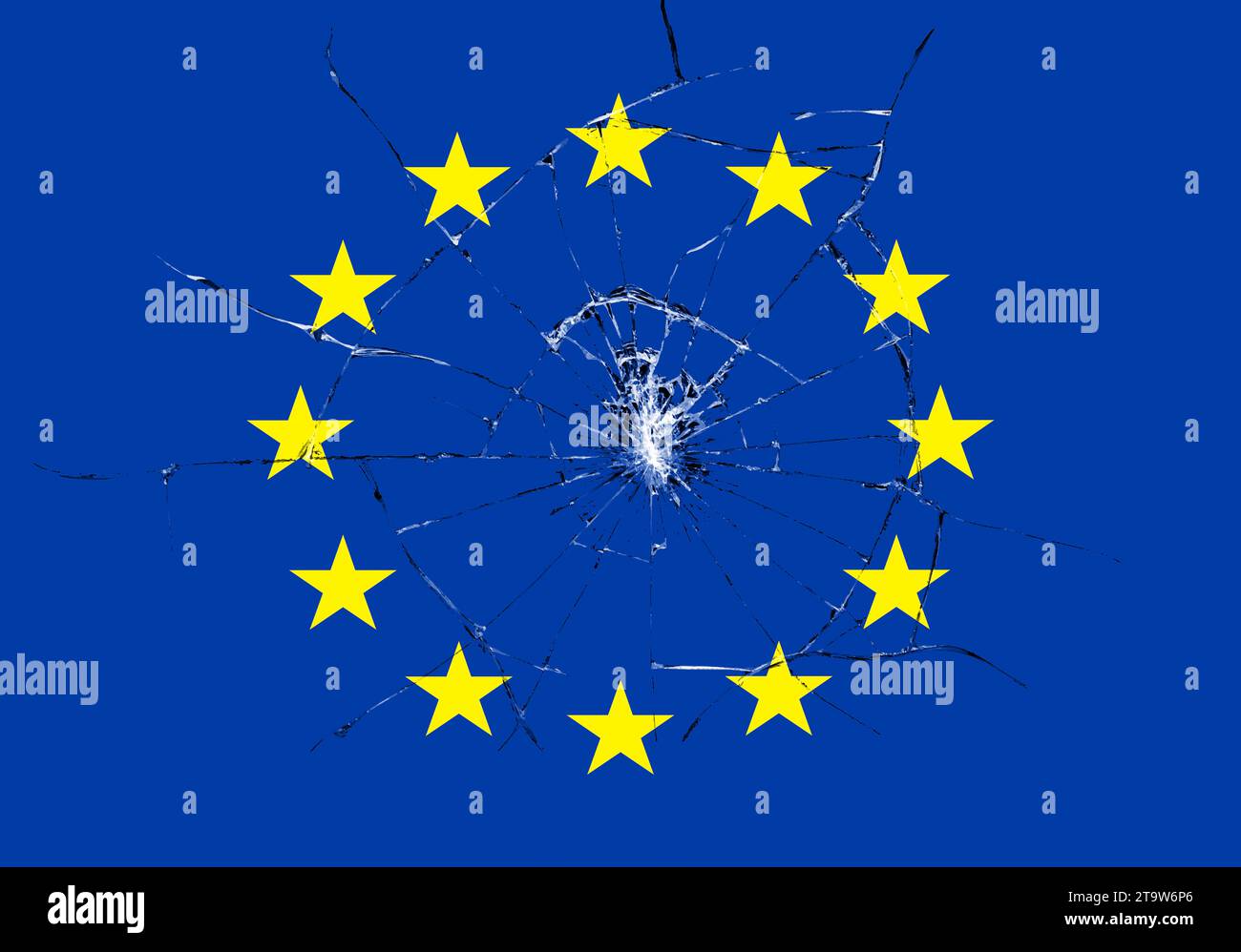 brexit, effetto vetro rotto sulla bandiera europea, crisi dell'eurozona schengen, fuga dal concetto di europa unita Foto Stock