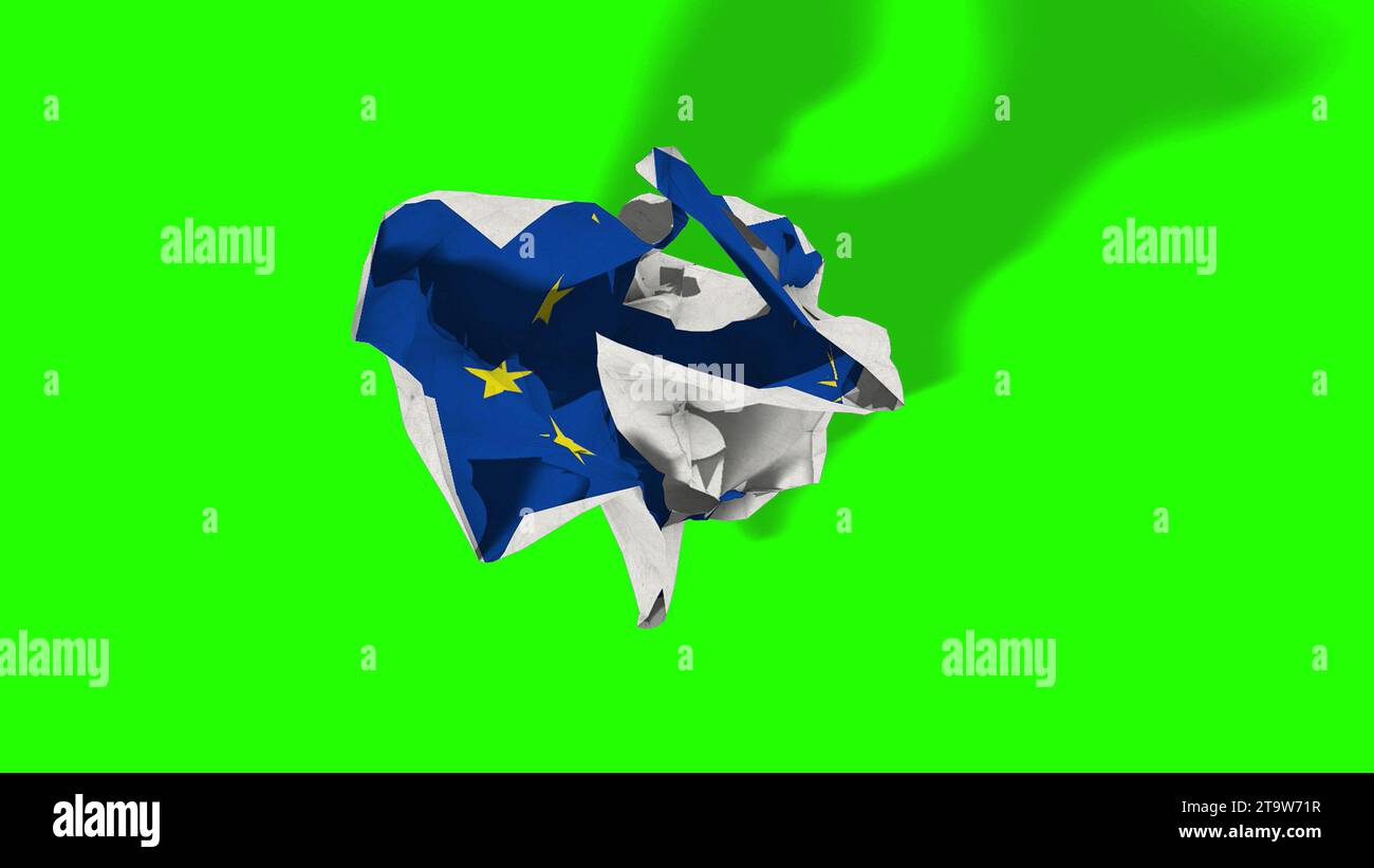 brexit, carta rotolata con bandiera europea, crisi dell'eurozona schengen, schermo verde cromatico, fuga dal concetto di europa unita Foto Stock