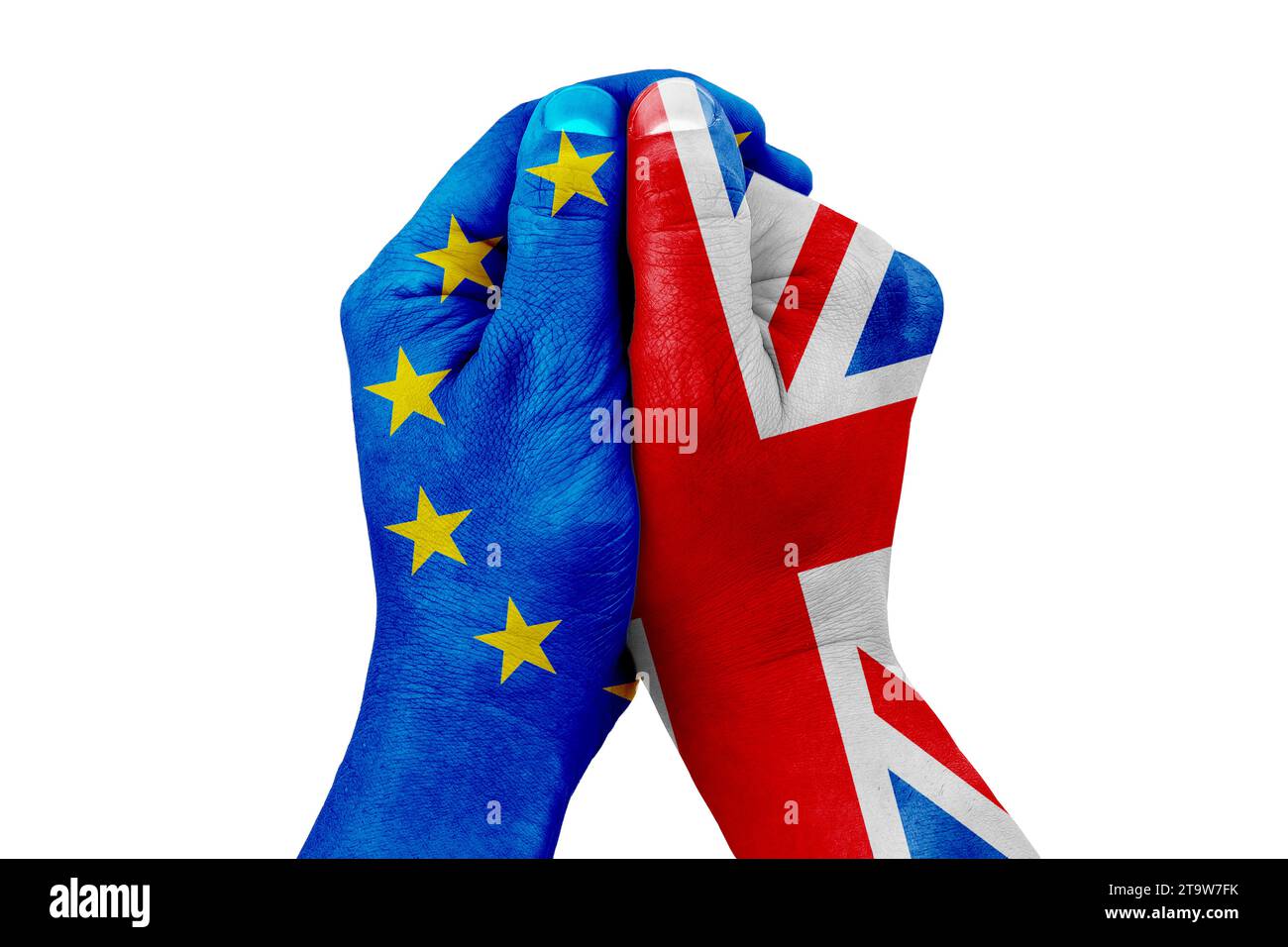 brexit, modellata a mano con la bandiera blu dell'unione europea e una mano modellata con la bandiera della gran bretagna su sfondo bianco, vota referendum per il concetto di uscita dal regno unito Foto Stock