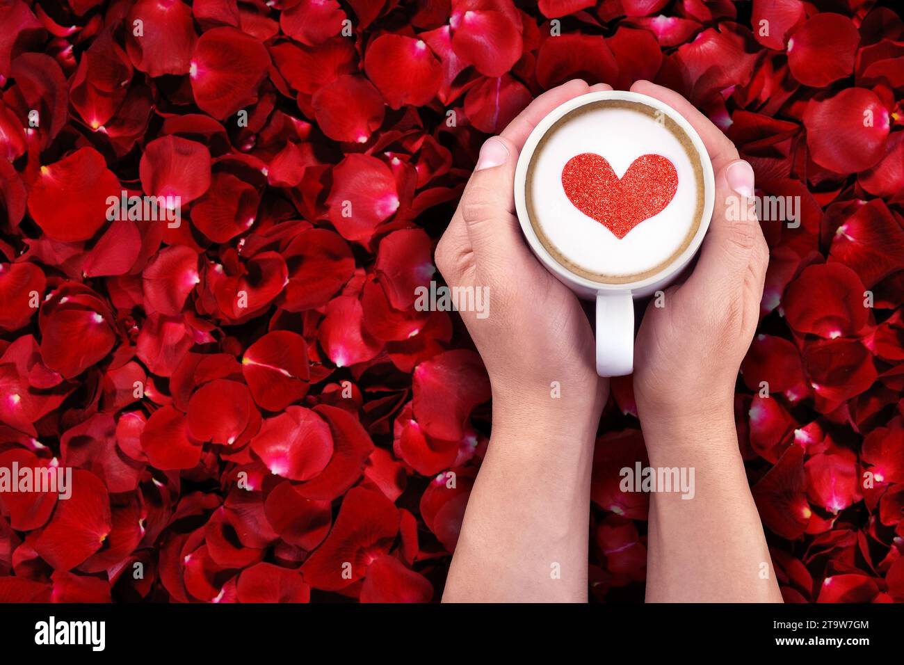 uomo che regge una tazza calda di latte su fondo di petali di rosa rossi, con forma a cuore rosso, concetto di amore per san valentino Foto Stock
