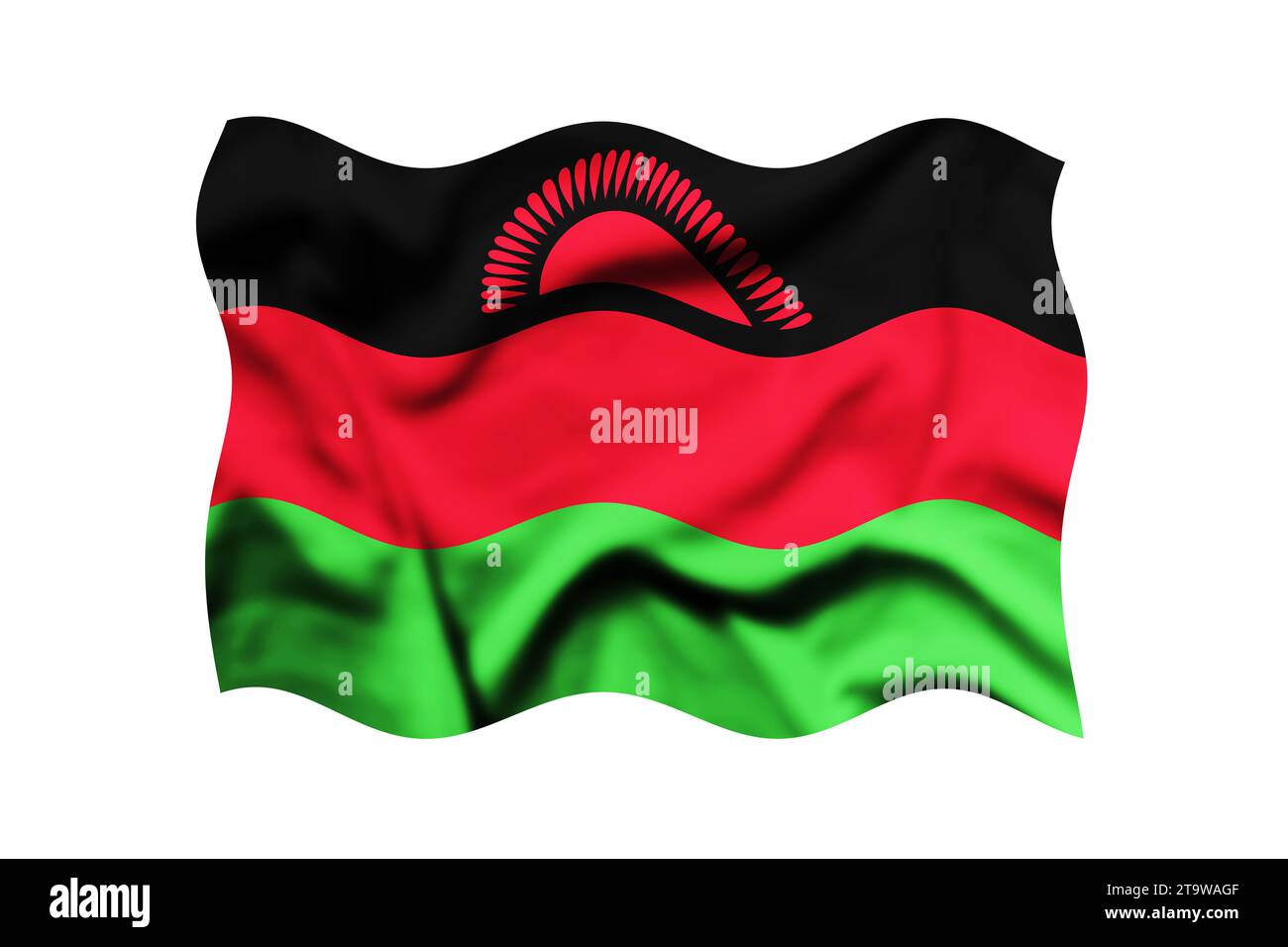 Rendering 3d della bandiera del Malawi che sventola isolata su uno sfondo bianco. Tracciato di ritaglio incluso Foto Stock