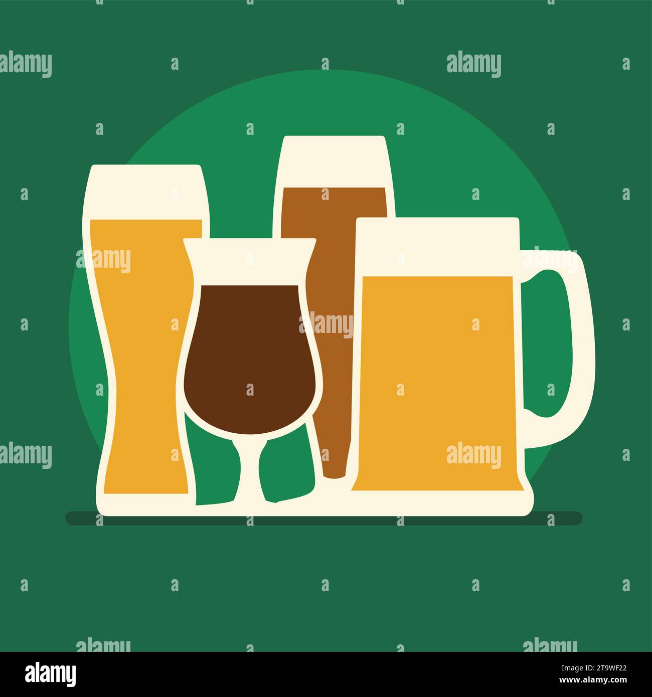 Bicchieri da birra scuri e chiari in stile piatto. Diversi gruppi di tazze da birra. Bevanda alcolica Illustrazione Vettoriale