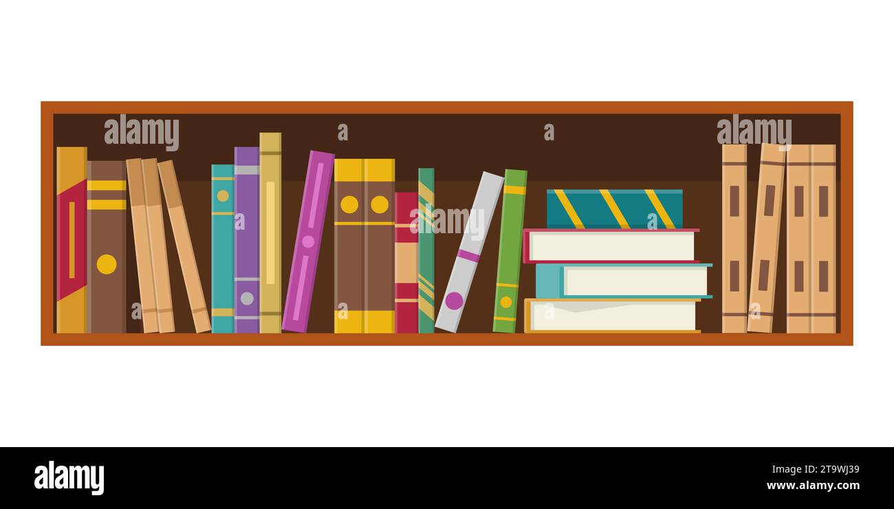 Libreria in legno con libri di biblioteca o libreria isolata su sfondo bianco. Scaffale con ripiani multicolori. Istruzione e conoscenza, S Illustrazione Vettoriale
