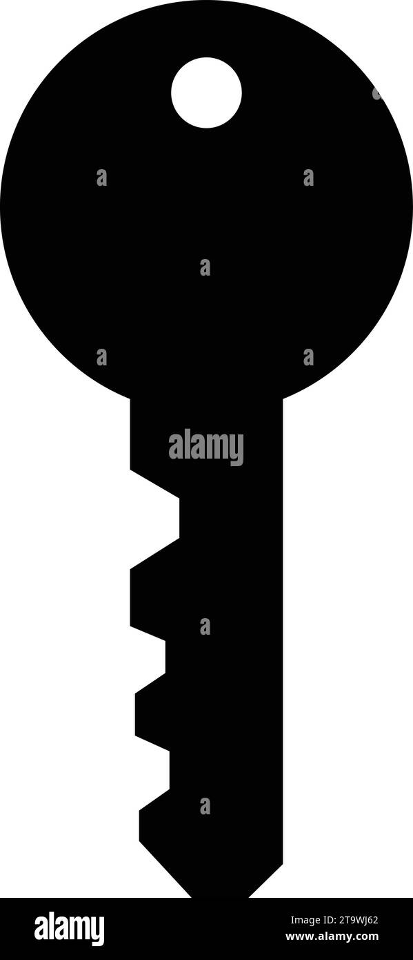 Simbolo icona chiave stile piatto. Chiave per sbloccare il blocco della portiera o della casa. Concetto del sistema di sicurezza rappresentato dal simbolo della chiave silhouette Illustrazione Vettoriale
