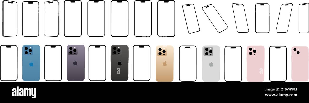 Set dell'ultimo iPhone 15, 14 pro max collezione mockup di modelli per smartphone, cellulare o cellulare. Vettore di stock di gadget e gruppi di dispositivi. Perspecti vuoti Illustrazione Vettoriale