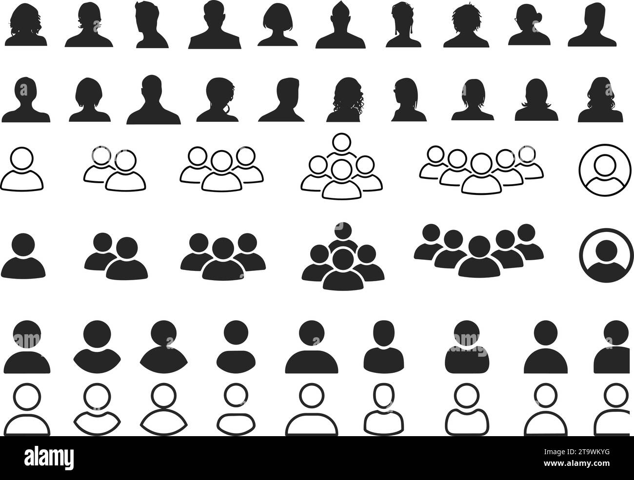 Linea persone e icone piatte. Squadra di lavoratori. Simbolo del profilo utente. Gruppo di persone. Gruppo di utenti. Simbolo persone. Uomini e donne. Folla di Illustrazione Vettoriale