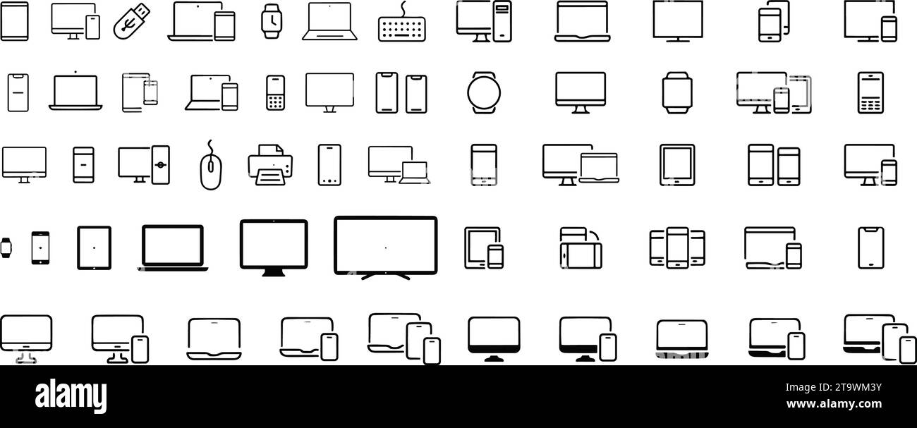 Smartphone, tablet, laptop, LCD, monitor. Raccolta computer, cellulare, TAB, cellulare e desktop. Gadget e dispositivi schermo vuoto mockup su trans Illustrazione Vettoriale