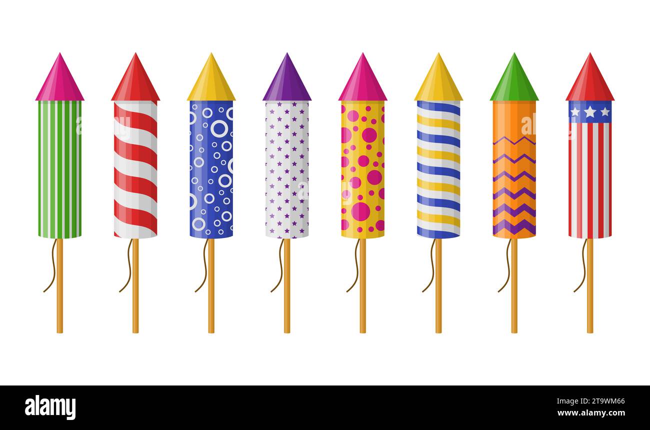 Set di razzi per fuochi d'artificio isolati su sfondo bianco. Collezione di petardi per la festa. Set di icone pirotecniche colorate. Illustrazione vettoriale. Illustrazione Vettoriale