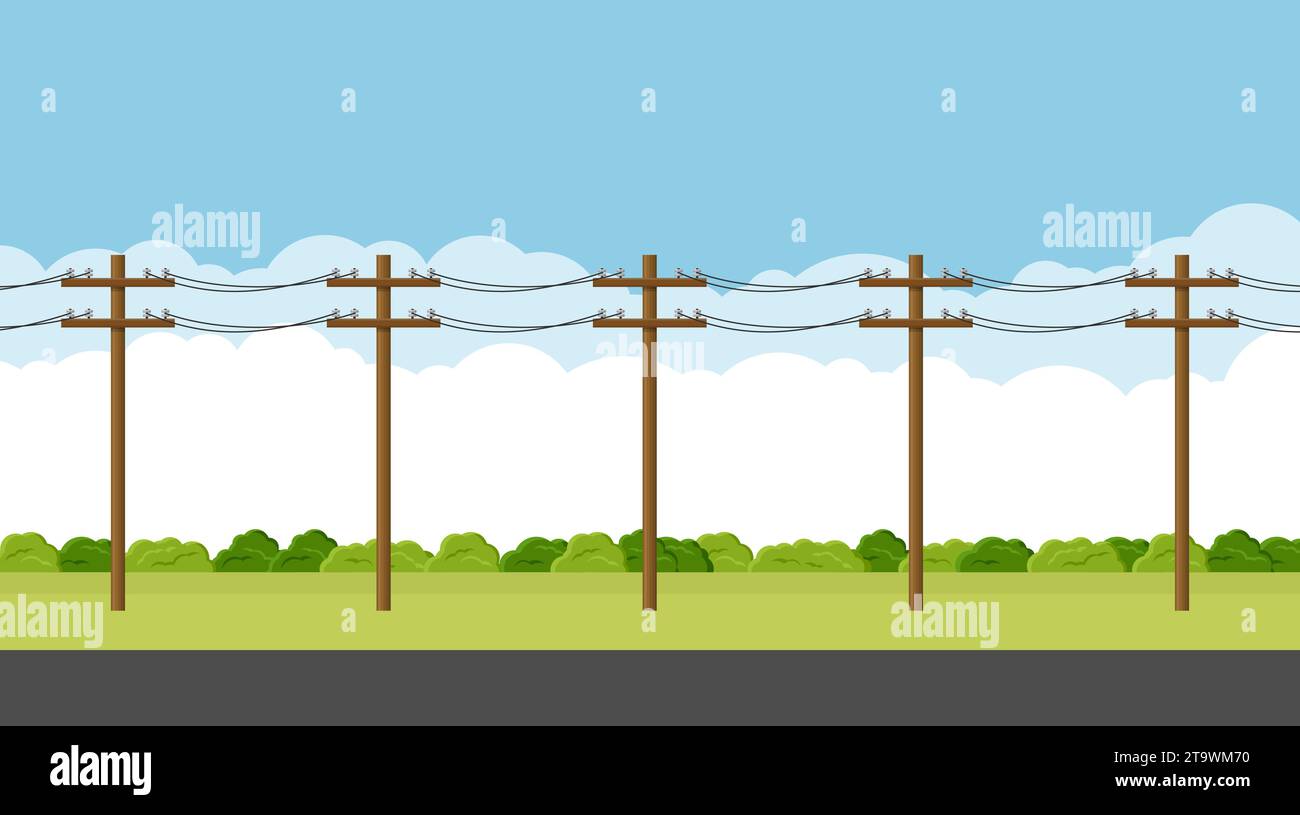 Linee elettriche aeree con cavi sospesi su pali di servizio. Strada di campagna vuota. Concetto di elettricità per palo di servizio. Fili ad alta tensione. La Illustrazione Vettoriale