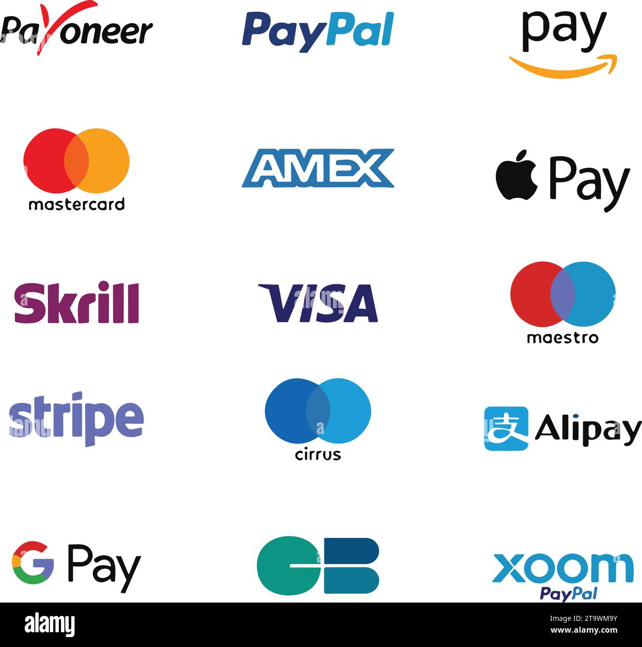 Icona dei metodi di pagamento online. Pulsante di pagamento tramite e-commerce. Vettore. Società di servizi di pagamento internazionale. Illustrazione Vettoriale