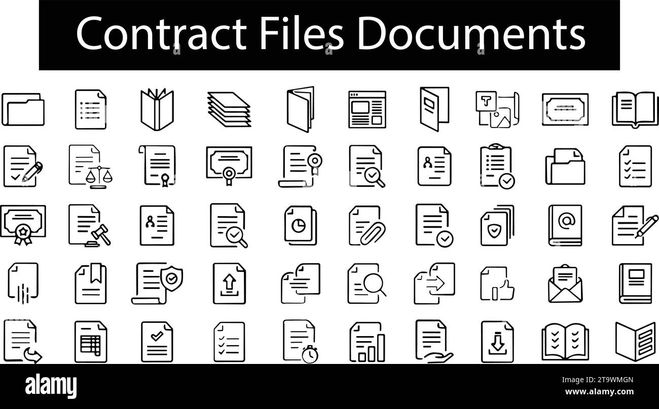 Serie di icone dei documenti legali. legge, certificato, contratti, modulo. Raccolta Gestione file Illustrazione Vettoriale