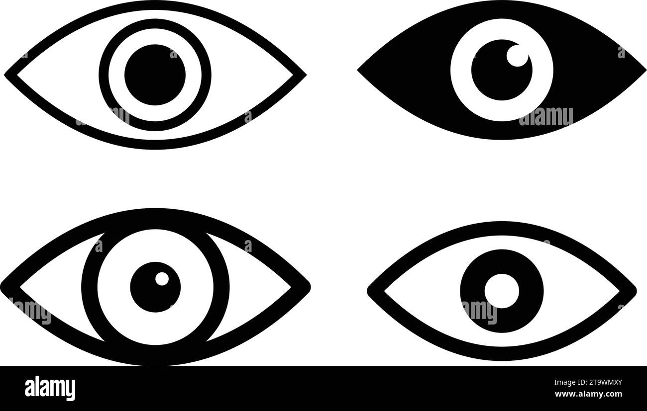 Set di icone con occhi piatti e lineari. Simbolo della vista del gruppo. Raccolta Retina Scan Eye. Occhio semplice. vettore. Illustrazione Vettoriale