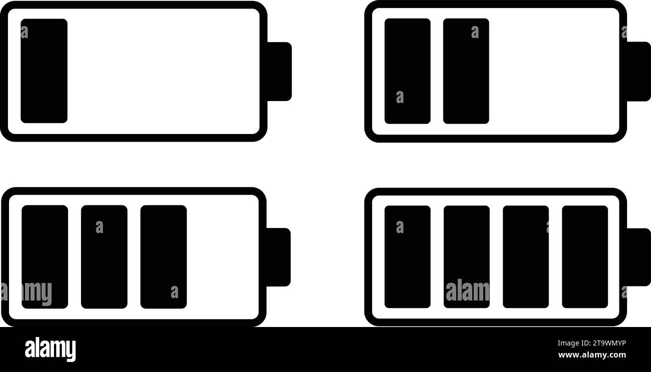 Set di simbolo icona indicatore di carica della batteria. Carica della batteria bassa e metà carica. Icona di ricarica della capacità della batteria alcalina di raccolta. F Illustrazione Vettoriale