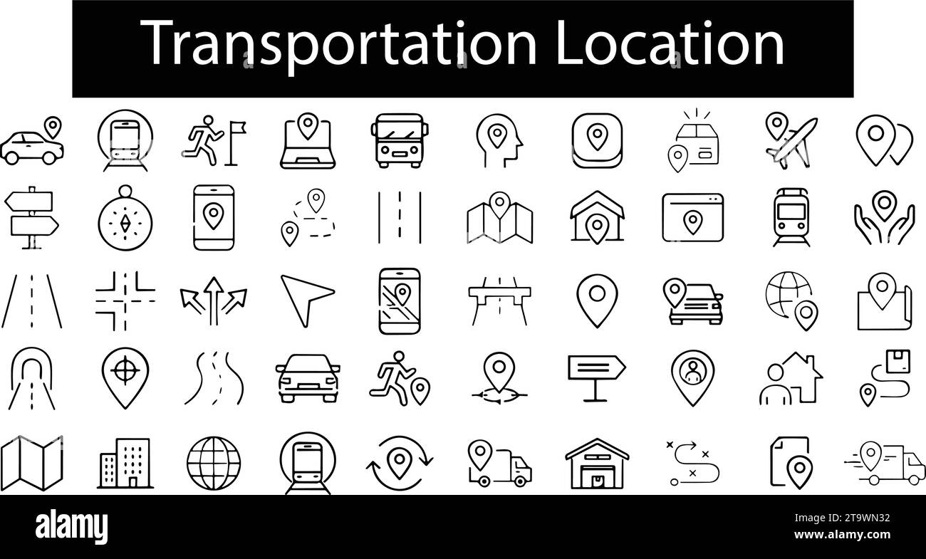 Set semplice di icone delle linee vettoriali relative al percorso. Contiene icone come Mappa con PIN, Mappa percorso, posizione, Navigatore, direzione e trasporto Illustrazione Vettoriale