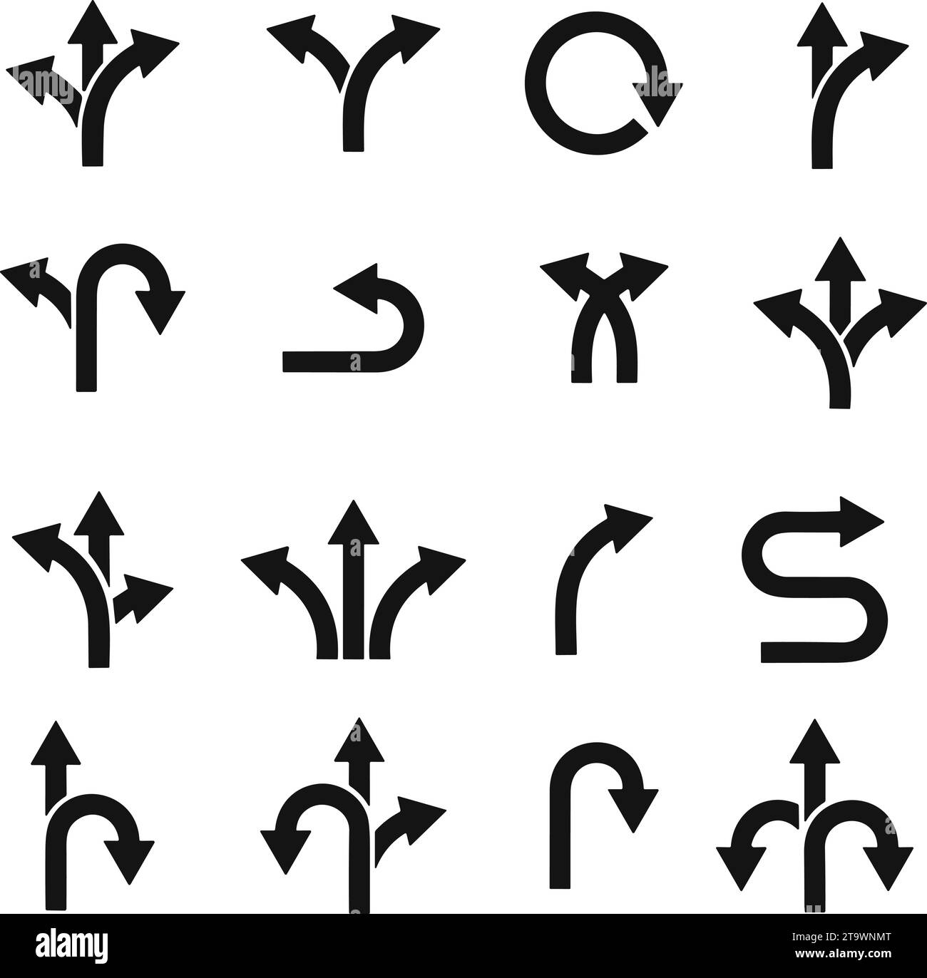 Frecce di direzione del traffico su strada in piano. Direzione a sinistra, destra, a due e tre direzioni direzione di trasporto simbolo freccia. vettore icona di decisione Illustrazione Vettoriale