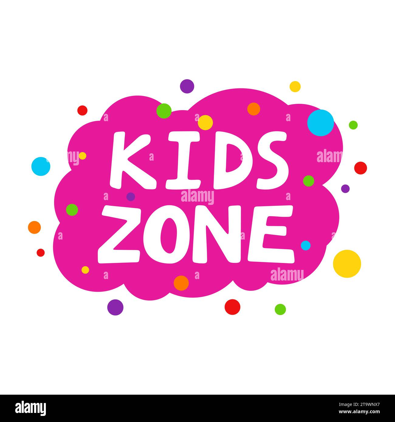 Logo colorato dei cartoni animati Kids zone isolato su sfondo bianco. Lettere colorate luminose per la sala giochi o l'area giochi per bambini. Iscrizione del bambino Illustrazione Vettoriale