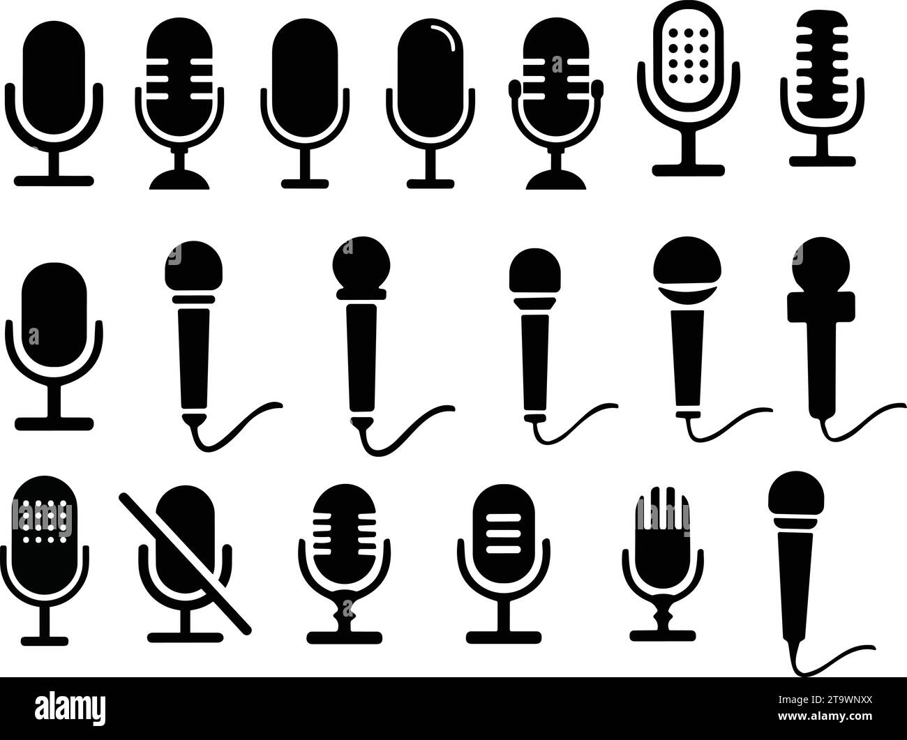 Icone del microfono impostate. icona microfono variante. Collezione di microfono karaoke. Icone Web e mobile podcast. Segnale vocale, registrazione. Studio di registrazione microfono S Illustrazione Vettoriale