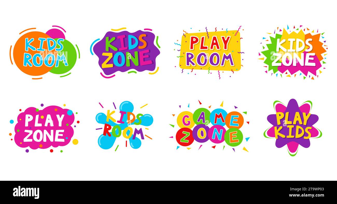 Logo colorato per cartoni animati Kids zone, isolato su sfondo bianco. Lettere colorate luminose per la sala giochi o l'area giochi per bambini. Illustrazione Vettoriale