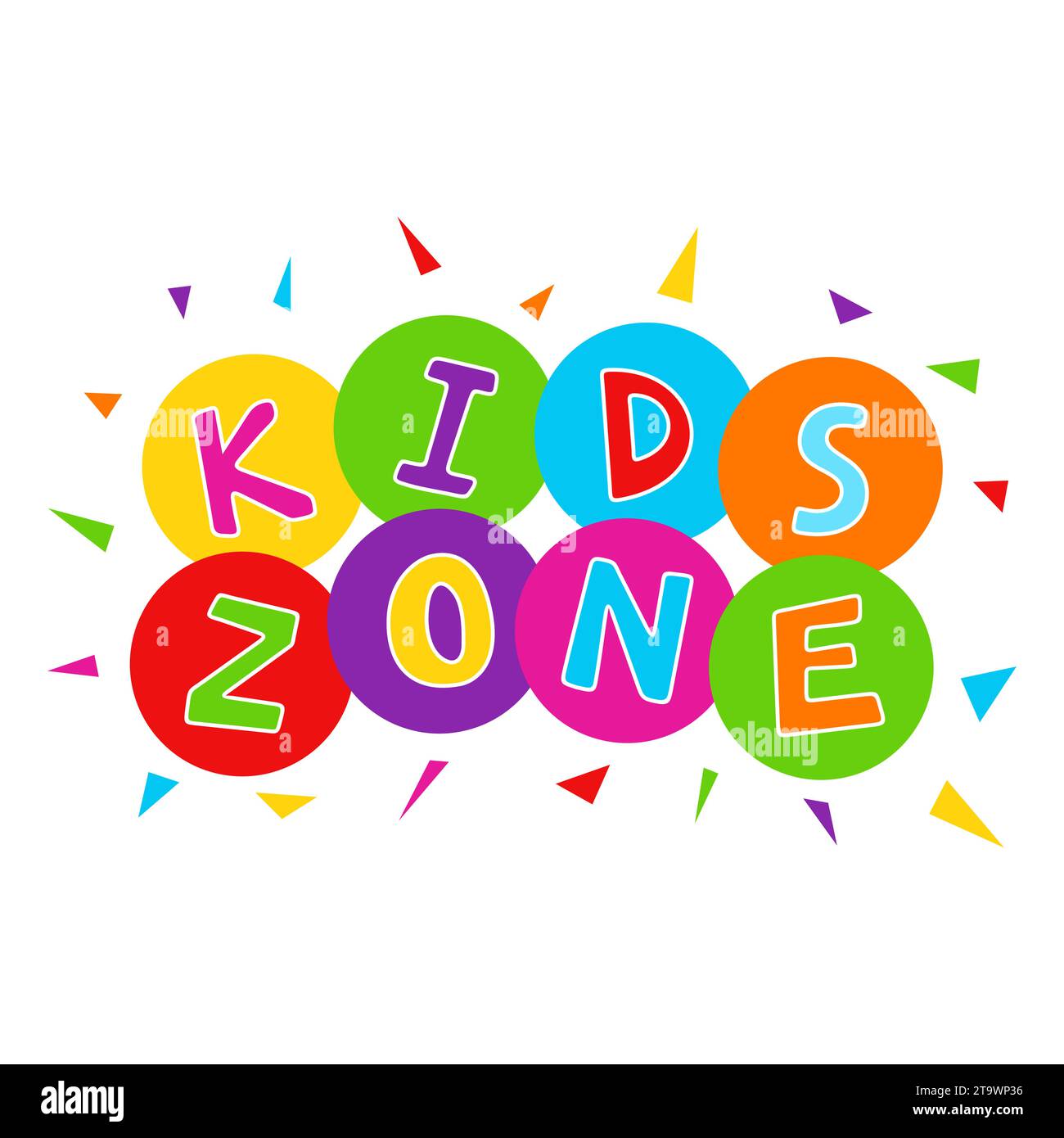 Logo colorato dei cartoni animati Kids zone isolato su sfondo bianco. Lettere colorate luminose per la sala giochi o l'area giochi per bambini. Iscrizione del bambino Illustrazione Vettoriale