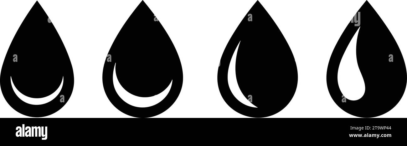 Raccolta della forma a goccia d'acqua. set di gocce d'acqua nere. Gocce d'acqua o d'olio. Piatto. gocce di pioggia o sudore, gocce umide di rugiada. Illustrazione vettoriale Illustrazione Vettoriale