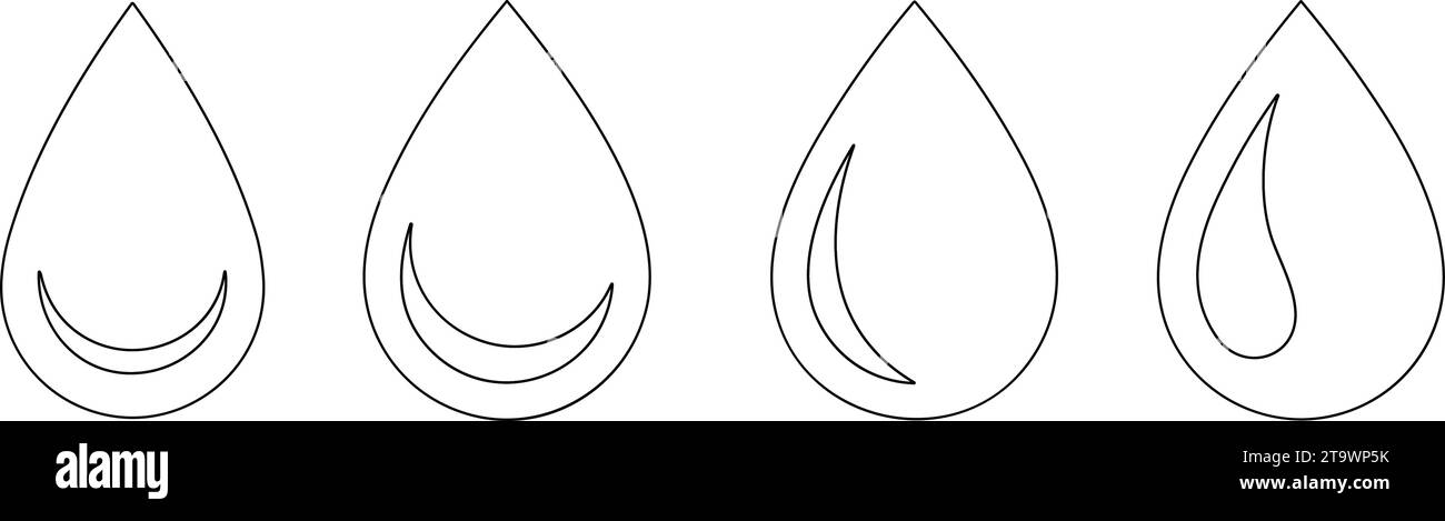 Raccolta della forma a goccia d'acqua. set di gocce d'acqua nere. Gocce d'acqua o d'olio. Stile linea. gocce di pioggia o sudore, gocce umide di rugiada. Illustrazione vettoriale Illustrazione Vettoriale