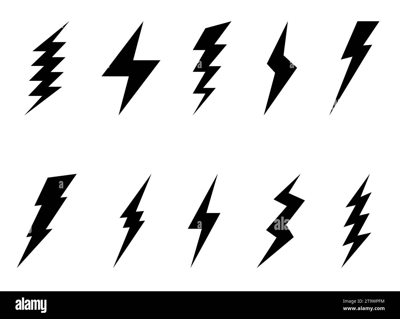 Insieme di icone Lightning Bolt isolate su sfondo bianco. Simbolo flash, thunderbolt. Semplice segnale di fulmine. Illustrazione vettoriale. Illustrazione Vettoriale