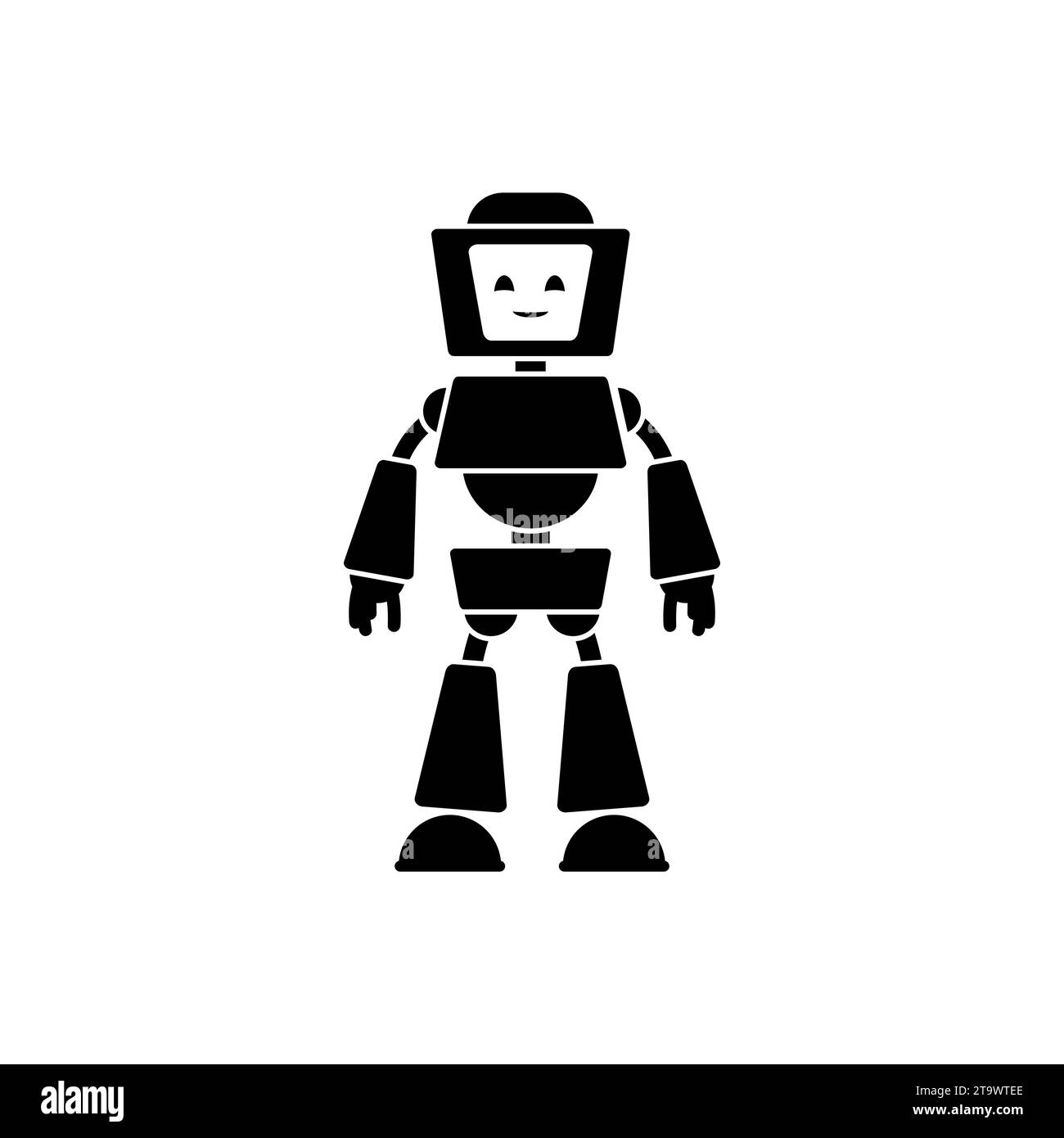 Icona robot carina isolata su sfondo bianco. Simpatico robot futuristico con volto e schermo sorridenti e amichevoli. Macchina umanoide, adorabile simbolo cyborg. Illustrazione Vettoriale