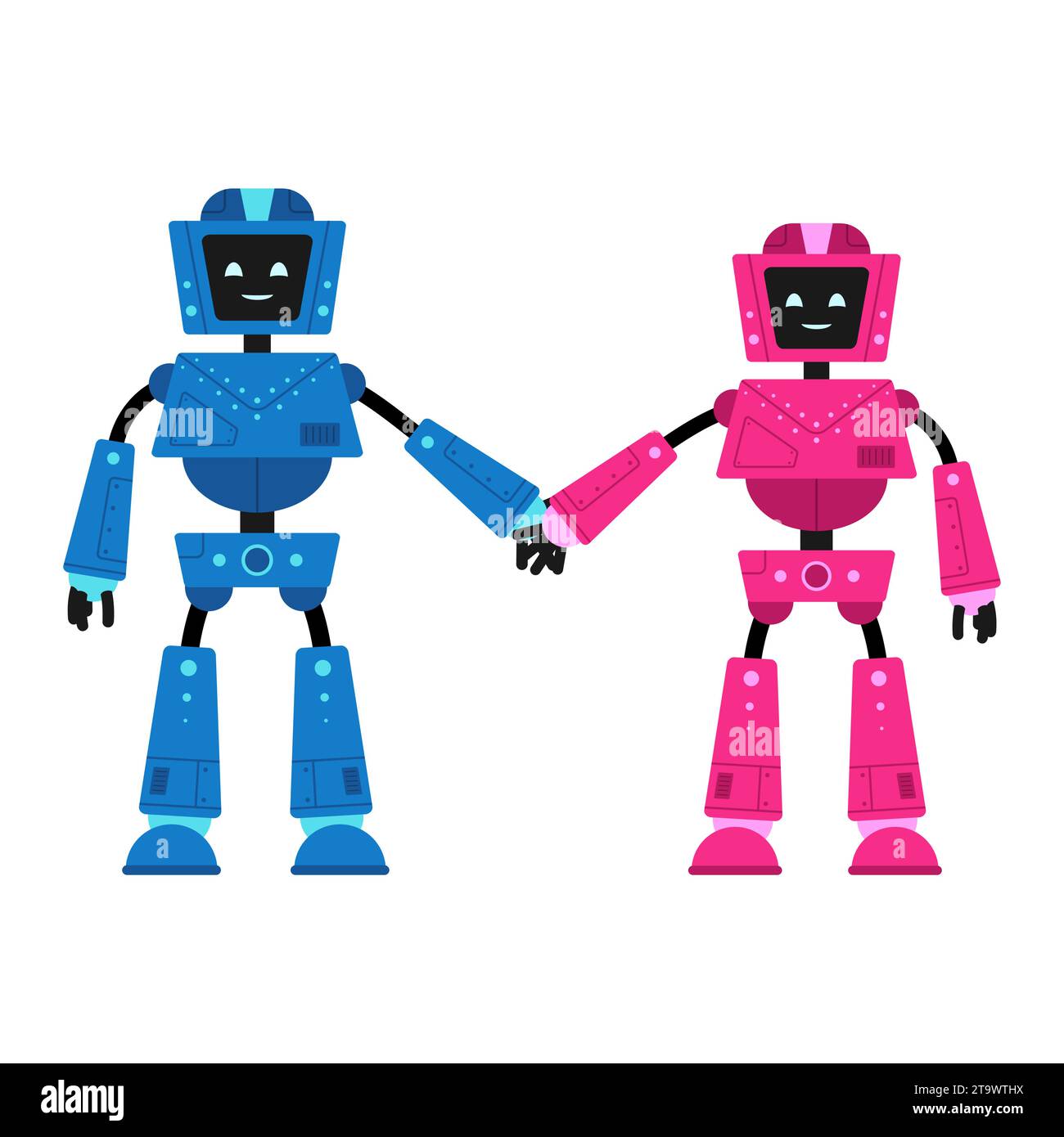 Simpatici robot cartoni animati maschili e famale che si tengono per mano isolati su sfondo bianco. Simpatici robot futuristici, ragazzo e ragazza, con un volto sorridente e amichevole Illustrazione Vettoriale