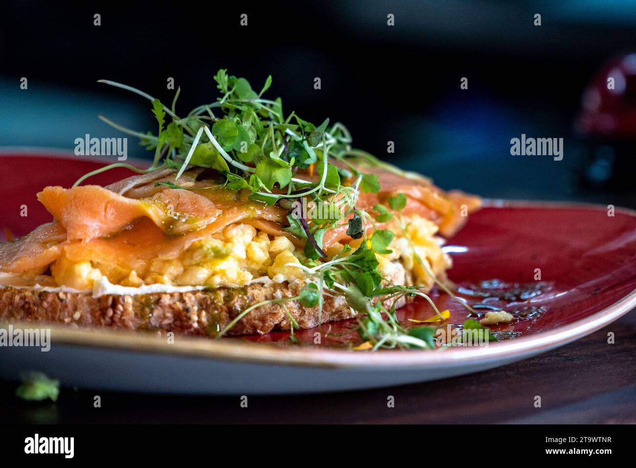 Formaggio spalmabile con pane tostato e uova strapazzate e salmone affumicato da vicino. Foto Stock