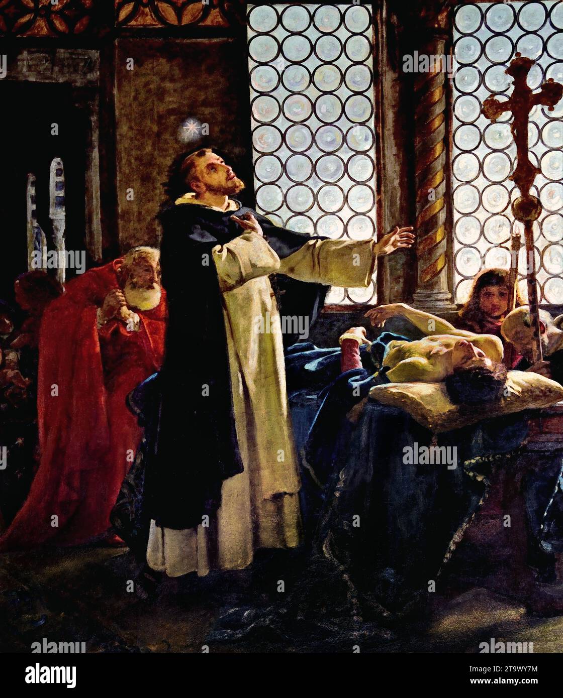 San Domenico di Guzman è ritratto in preghiera con il suo Rosery nelle sue mani illuminato dalla luce dello Spirito Santo, mentre invoca Dio per la guarigione del principe Napoleone Orsini nipote del cardinale Stefano di Fossanova, di Ponziano Loverini 1845-1929 Cattedrale di Pompei - Santuario della Madonna del Rosario di Pompei, fondato nel 1876 - 1891, Italia, Italia, Italia, Cappella di San Domenico di Guzman Foto Stock