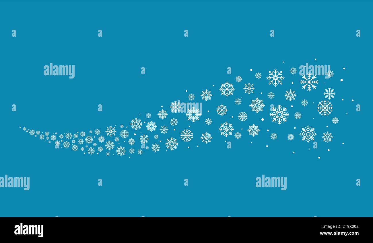 Vortice a onda di fiocco di neve isolato su sfondo blu. Festeggiamenti di Natale e Capodanno con fiocchi di neve cadenti, decorazioni per la bufera invernale innevata Illustrazione Vettoriale