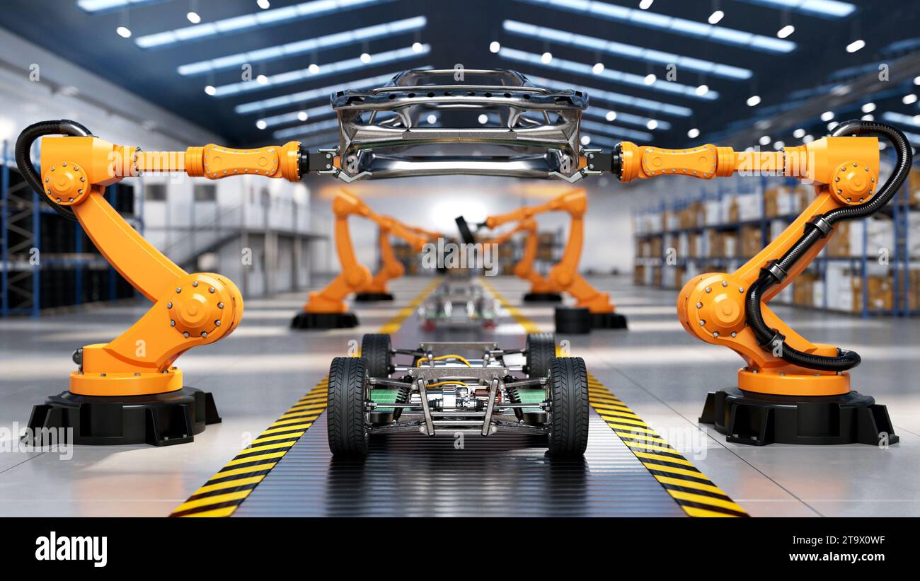 Linea di assemblaggio in fabbrica di automobili con bracci robotici industriali, rendering 3D. Foto Stock