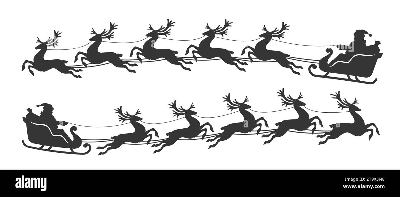 Silhouette di Babbo Natale su una slitta che vola con le renne. Simbolo di Natale e Capodanno, illustrazione Foto Stock