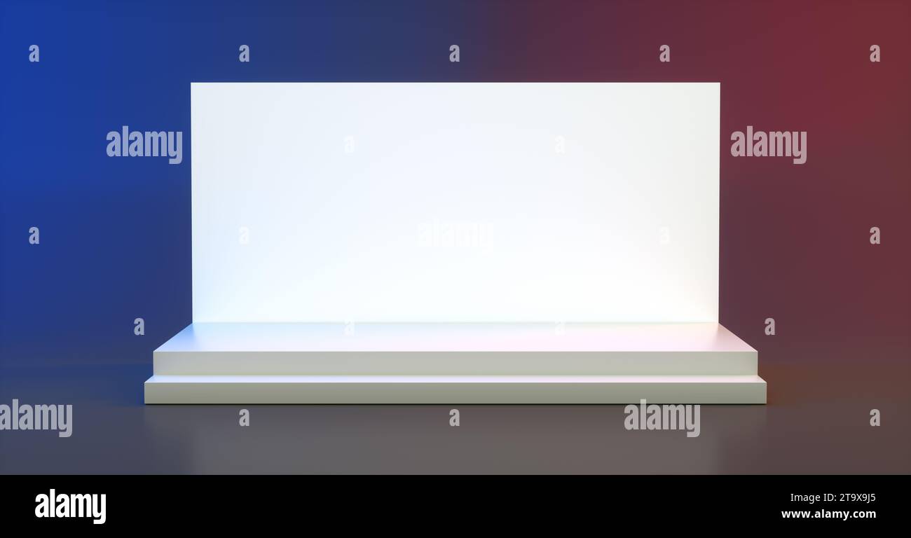 Design con palco vuoto per Mockup e identità aziendale con display bianco su sfondo blu rosso Studio. Sistema a schermo vuoto per risorse grafiche. Foto Stock