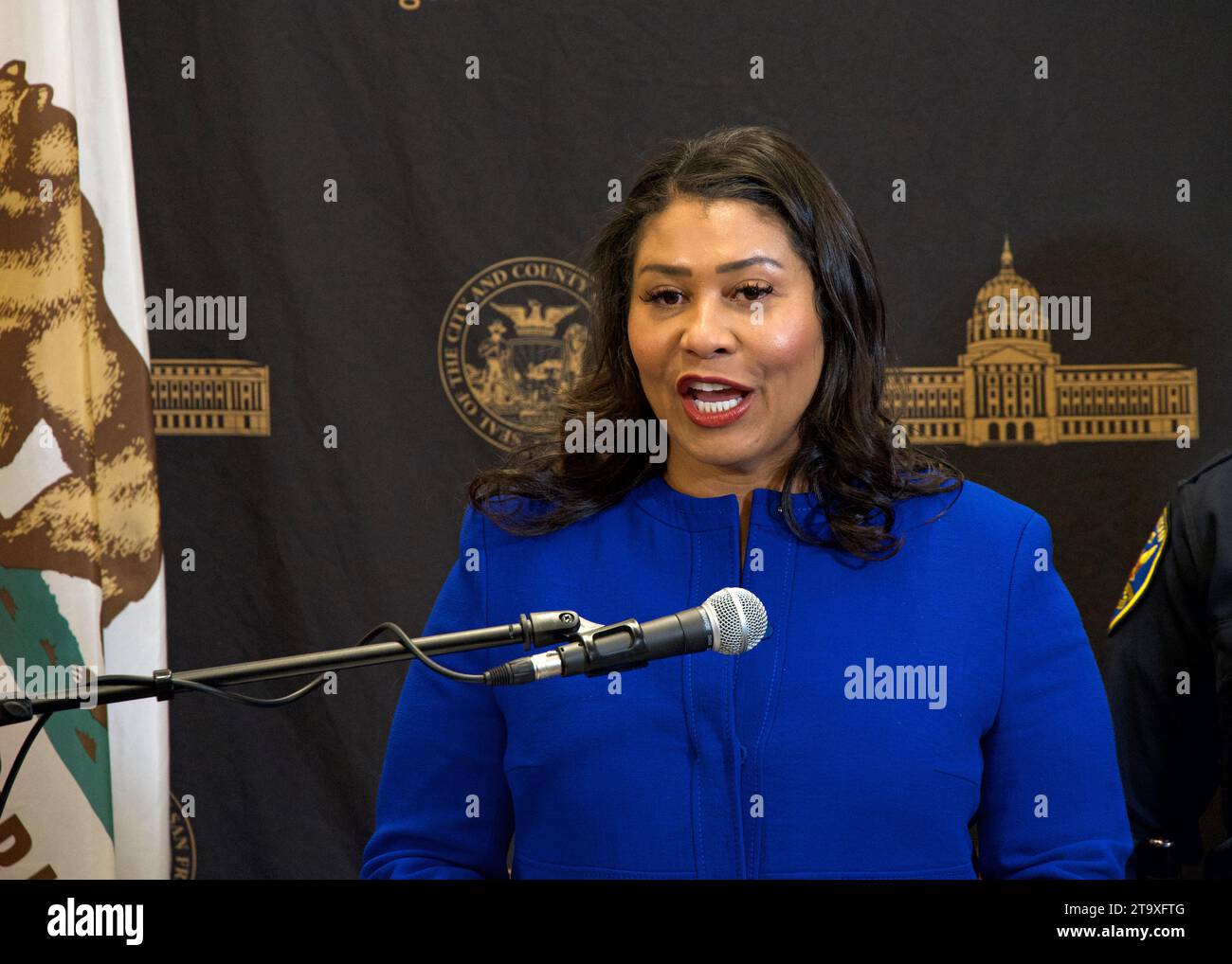 San Francisco, CA - 9 novembre 2023: Il sindaco London Breed parla di problemi di sicurezza e impatti sulla città che circonda la prossima conferenza APEC. Foto Stock