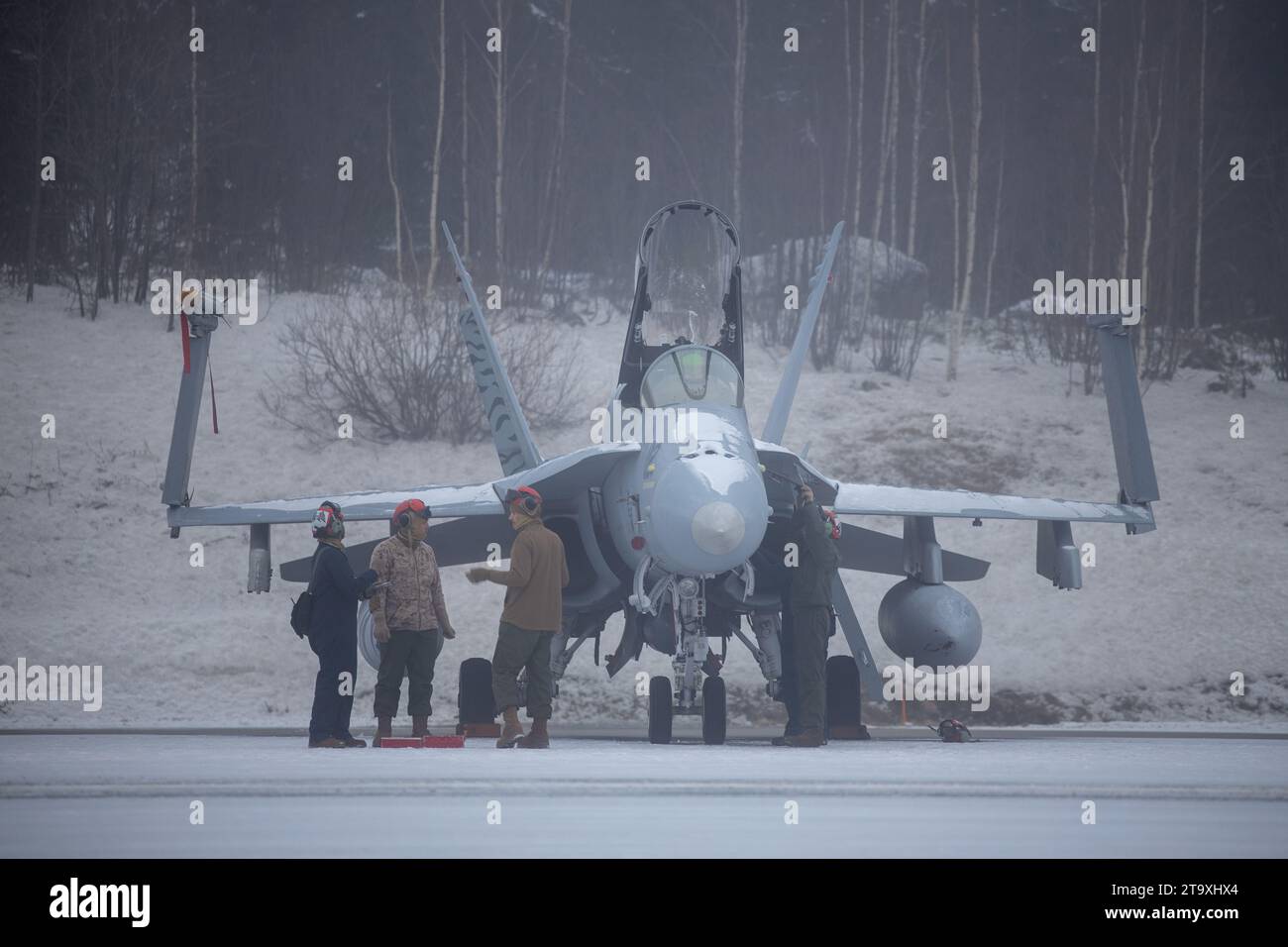 U.S. Marines with Marine All Weather Fighter Attack Squadron (VMFA(AW)) 224 condurre ispezioni pre-volo su un F/A-18C Hornet in preparazione per l'esercitazione Frozen Winds 23 presso la base aerea di Tampere-Pirkkala, Finlandia, 20 novembre 2023. L'FW23 è un'esercitazione marittima a guida finlandese a cui partecipano i Marines degli Stati Uniti assegnati alla Marine Rotational Force-Europe e le U.S. Navy Forces Europe. L'esercitazione serve come sede per aumentare la prontezza della Marina finlandese e aumentare l'interoperabilità tra Stati Uniti, Finlandia e NATO e alleati nella logistica operativa, incendi integrati e operazioni anfibie in e a. Foto Stock