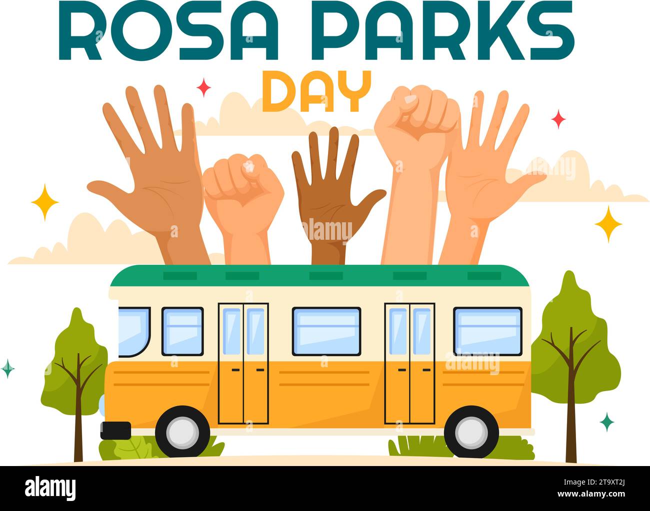 Illustrazione vettoriale del Rosa Parks Day con la First Lady dei diritti civili, manette e autobus sullo sfondo di un cartone animato piatto della National Holiday Celebration Illustrazione Vettoriale