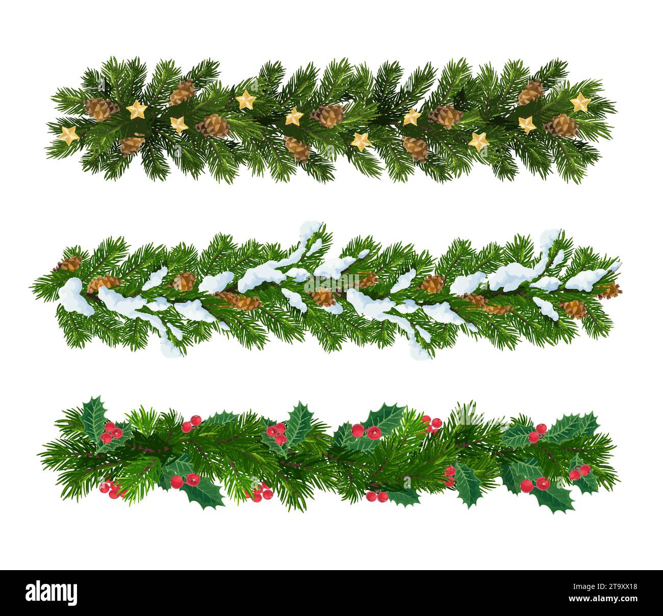 Rami di abete natalizio, ghirlande isolate di pino verde vettoriale o confini con aghi realistici decorati con stelle dorate, neve, coni di pino e foglie di bacca. Decorazioni in conifere natalizie Illustrazione Vettoriale