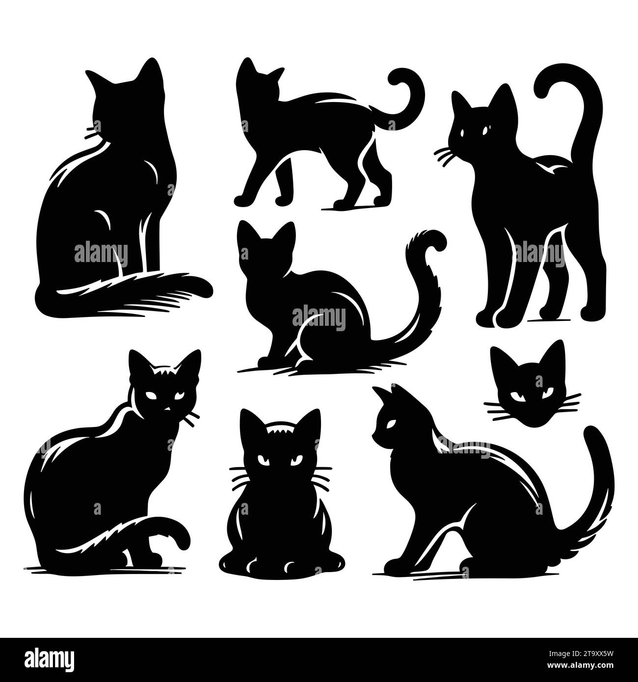 Set di sagome di gatto isolate su sfondo bianco, illustrazione vettoriale. Illustrazione Vettoriale