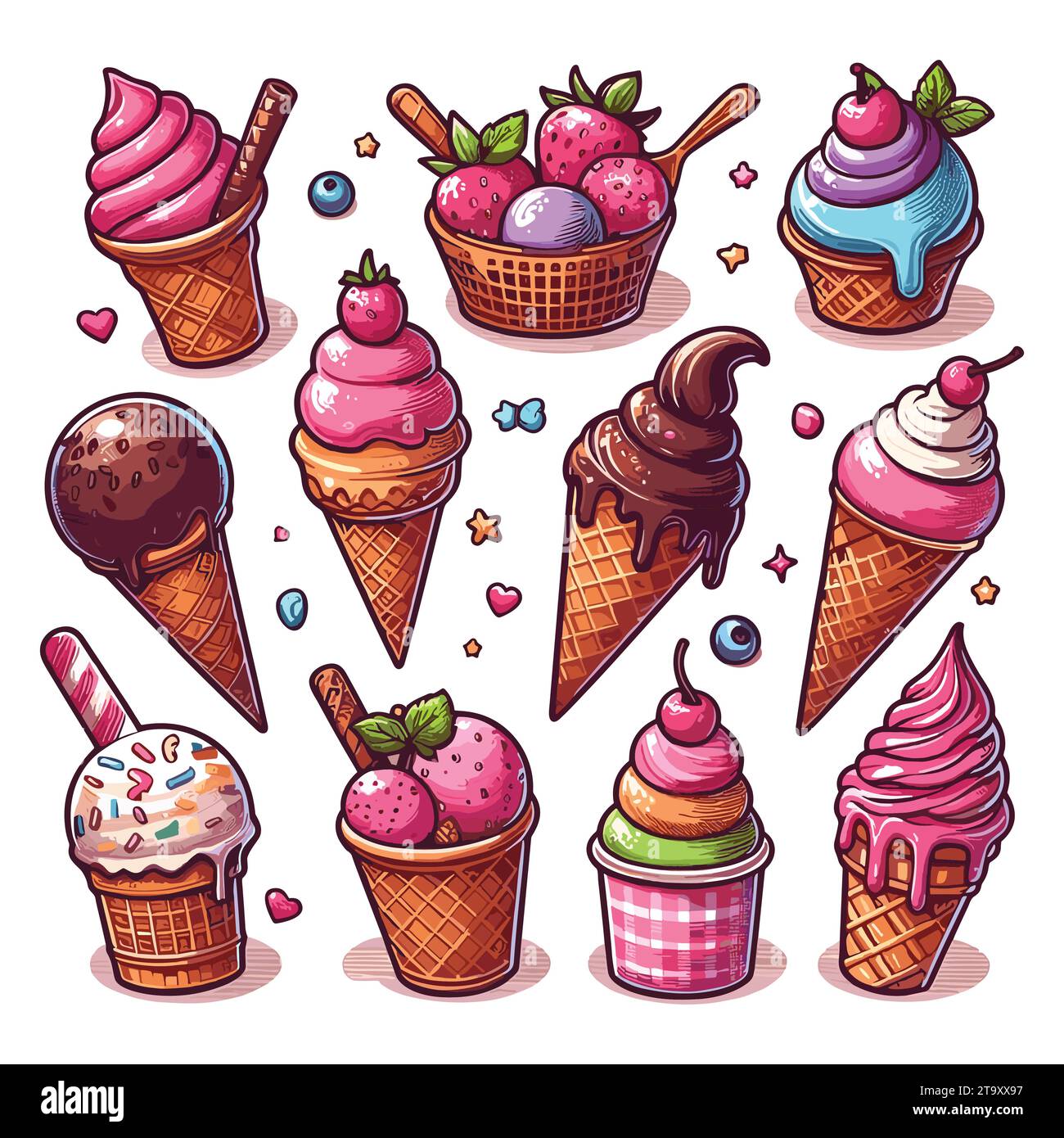 Set di gelato su sfondo bianco, illustrazione vettoriale. Illustrazione Vettoriale