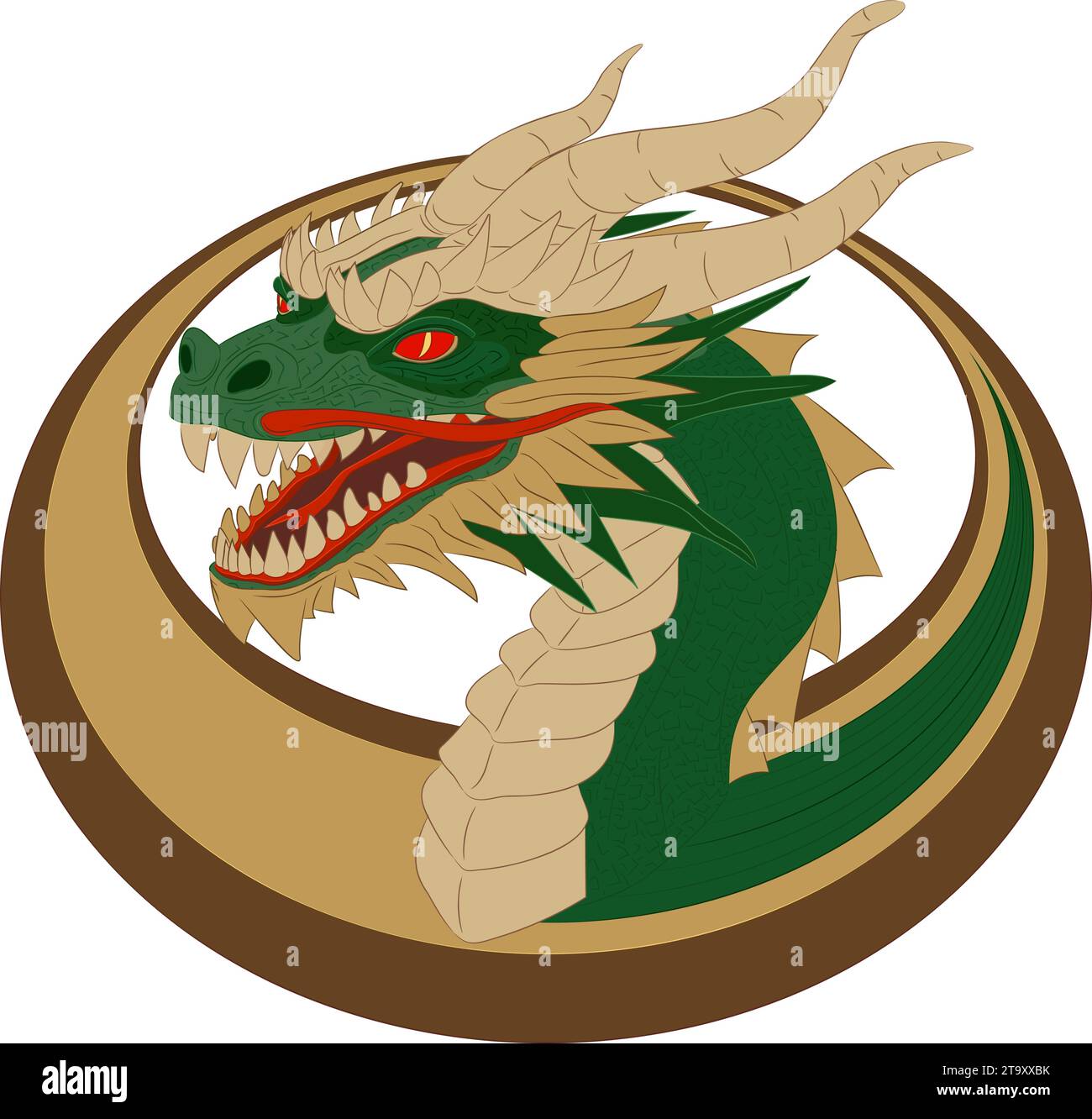 Drago di legno verde nell'anello - simbolo del 2024. Illustrazione vettoriale di una testa di drago in legno con un collo ovale. Testa con corna, denti, baffi Illustrazione Vettoriale