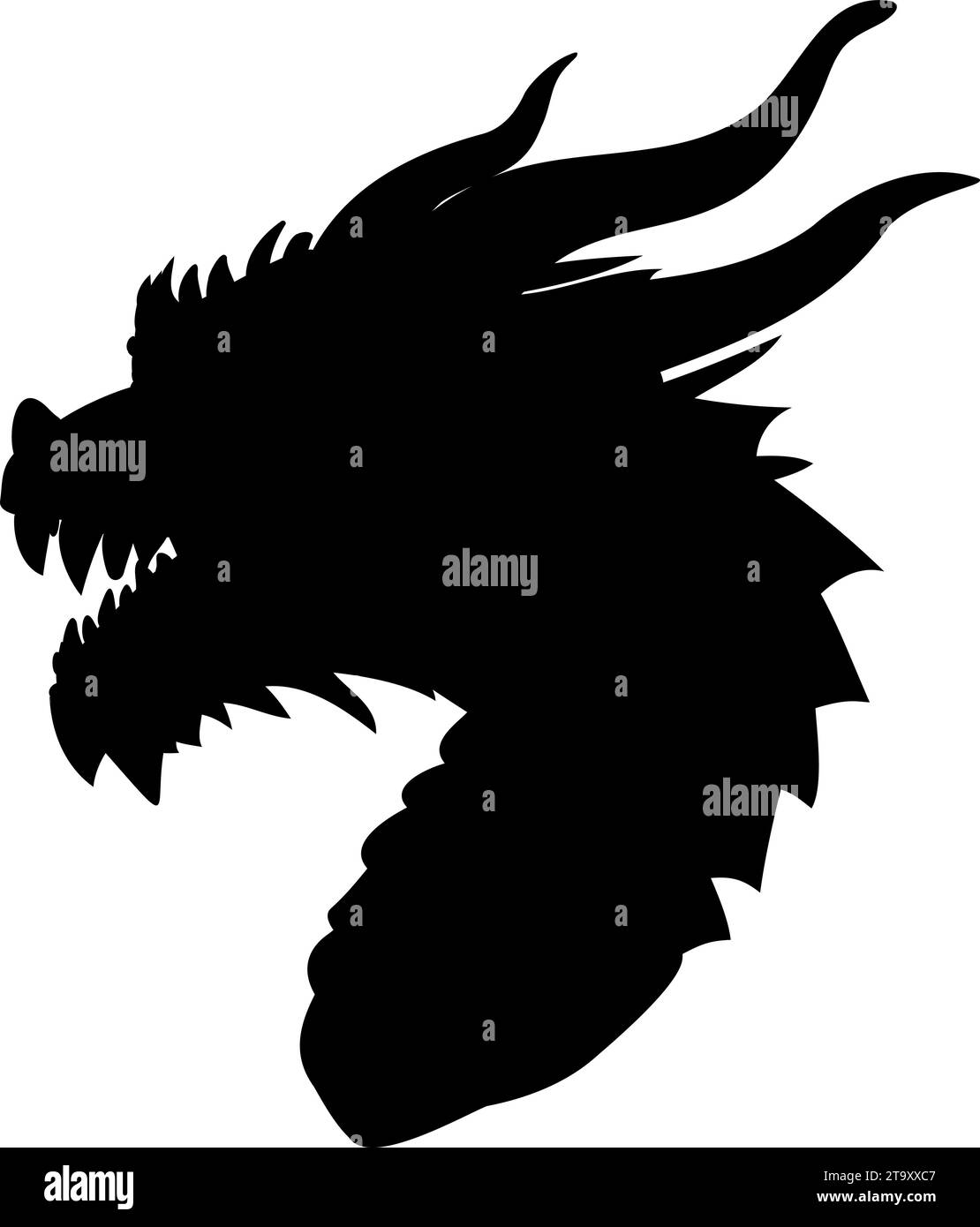 Forma di drago di legno - simbolo di 2024 illustrazione vettoriale di una testa di drago di legno verde con un collo. Testa con corna, denti, baffi Illustrazione Vettoriale