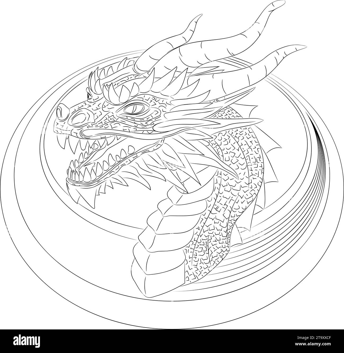 Arte in linea di drago di legno in anello - simbolo del 2024. Illustrazione vettoriale di una testa di drago in legno con un collo ovale. Testa con corna, denti, baffi Illustrazione Vettoriale