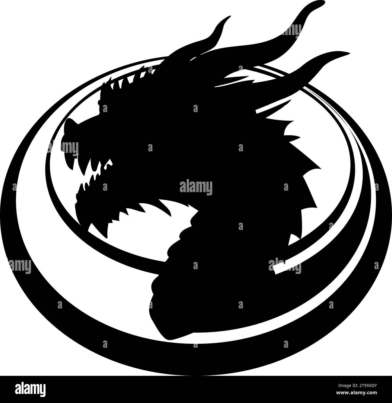 Forma di drago di legno ad anello - simbolo del 2024. Illustrazione vettoriale di una testa di drago in legno con un collo ovale. Testa con corna, denti, baffi Illustrazione Vettoriale