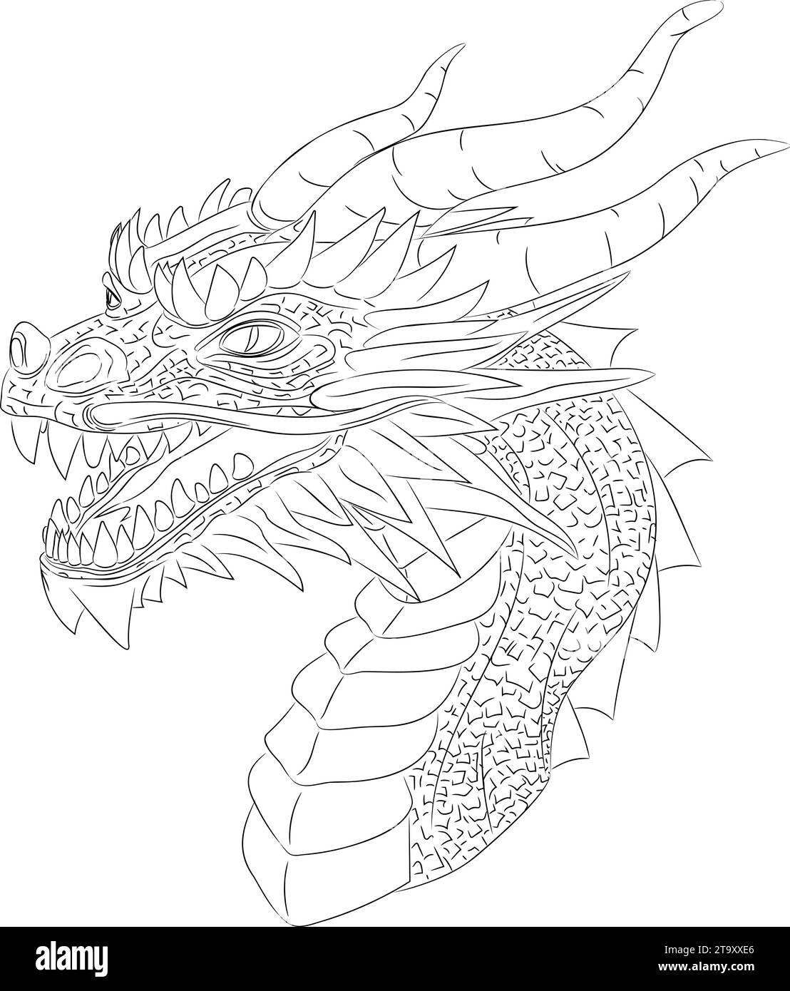 Disegno in linea di drago in legno - simbolo di 2024 illustrazione vettoriale di una testa di drago in legno verde con collo. Testa con corna, denti, baffi Illustrazione Vettoriale
