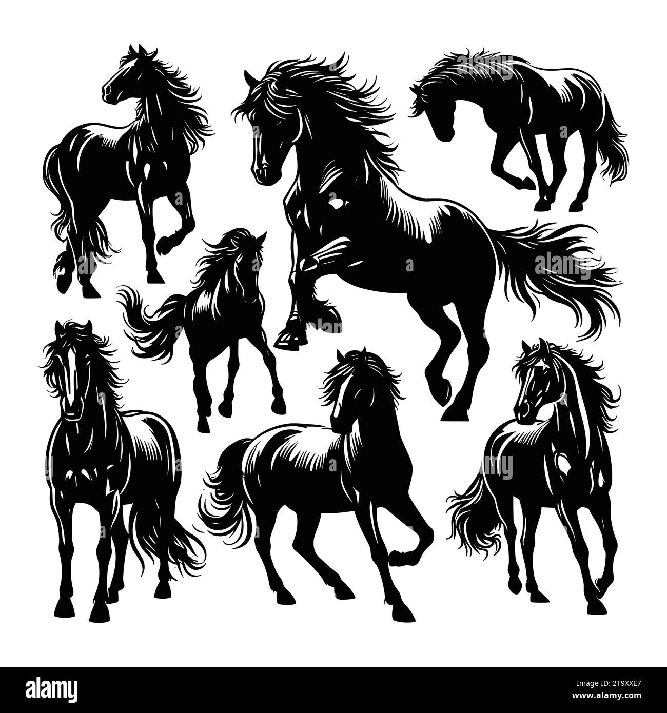 Serie di sagome di cavallo isolate su sfondo bianco, illustrazione vettoriale. Illustrazione Vettoriale